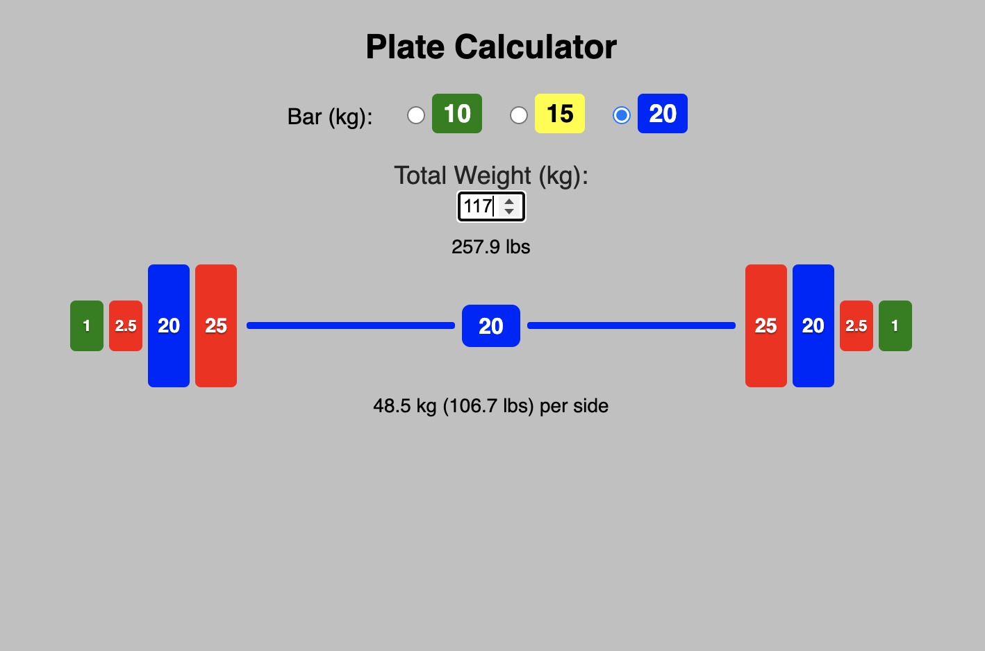 Barbell Weight Calculator showing plate loading interface