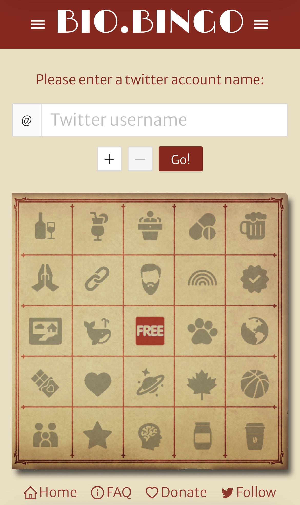 Twitter Bio Bingo homepage with Twitter username input and blank bingo card