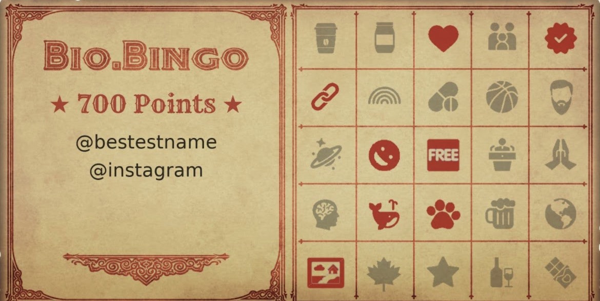 Twitter Bio Bingo results card showing 700 points with highlighted bingo squares