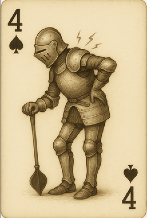 Four of Spades card showing a knight in armor with a mace