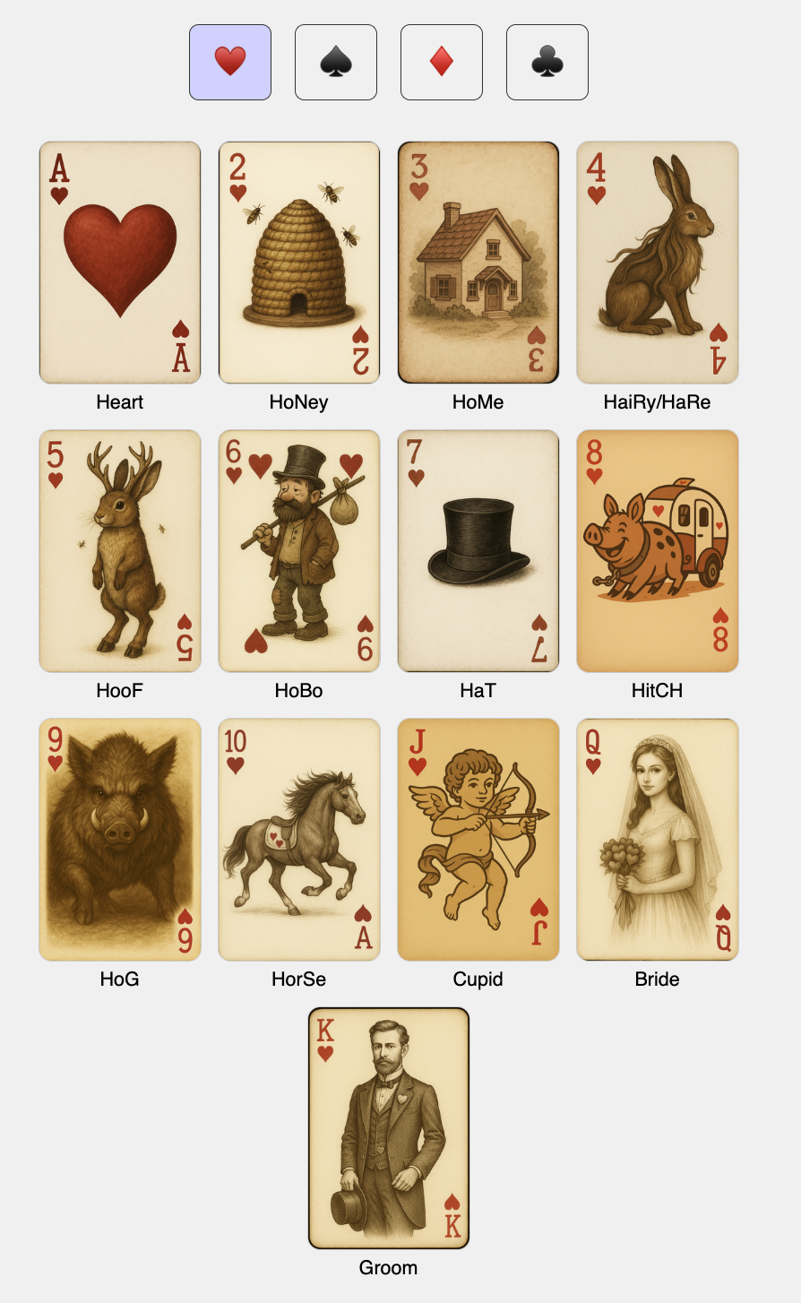 Grid view of the Hearts suit showing all 13 cards with unique illustrated names