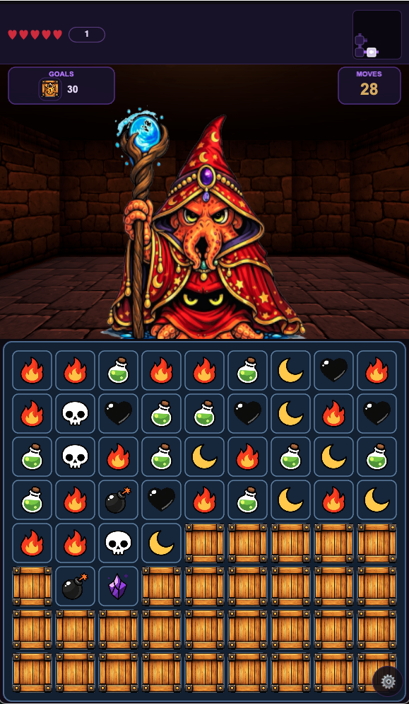 Match 3 Game screenshot showing dungeon room with puzzle grid