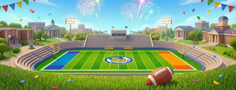 Puzzle Panic episode environment screenshot showing a colorful stadium
